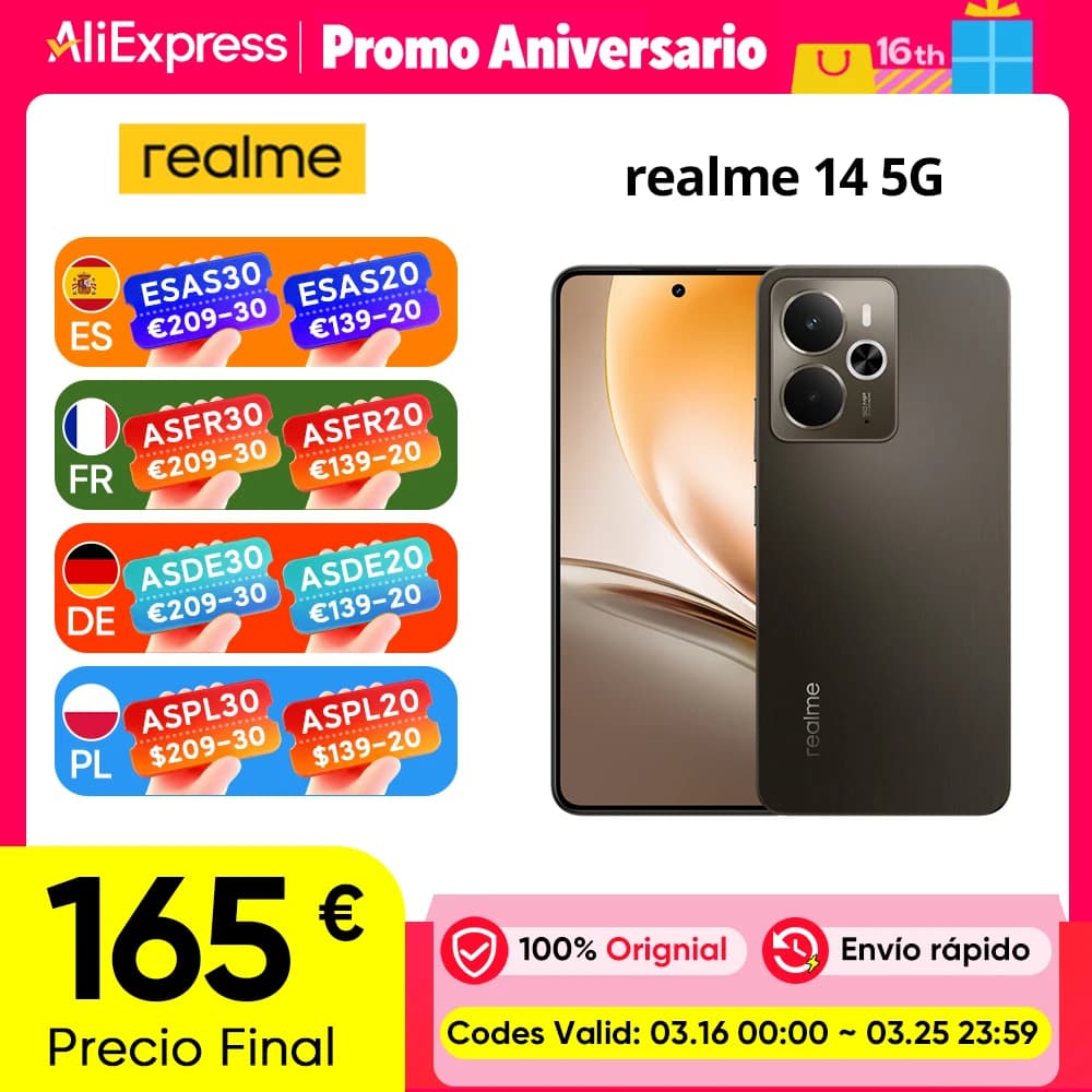 Globalna wersja smartfona Realme 14 5G, Snapdragon 6 Gen, ekran AMOLED 6,67 cala 120 Hz, wyświetlacz e-sportowy, bateria Titan 6000 mAh, aparat 50 MP