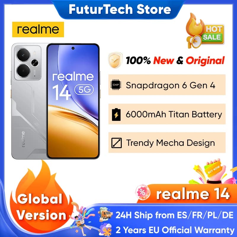 Smartfon realme 14 z systemem Android, 5G, NFC, procesorem Snapdragon 6 Gen 4, wyświetlaczem AMOLED 120 Hz, baterią Titan o pojemności mAh,