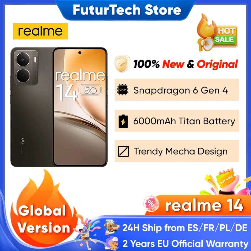 Smartfon realme 14 5G z systemem Android, wyświetlaczem AMOLED 120 Hz, baterią Titan o pojemności mAh, procesorem Snapdragon 6 Gen 4, aparatem 50