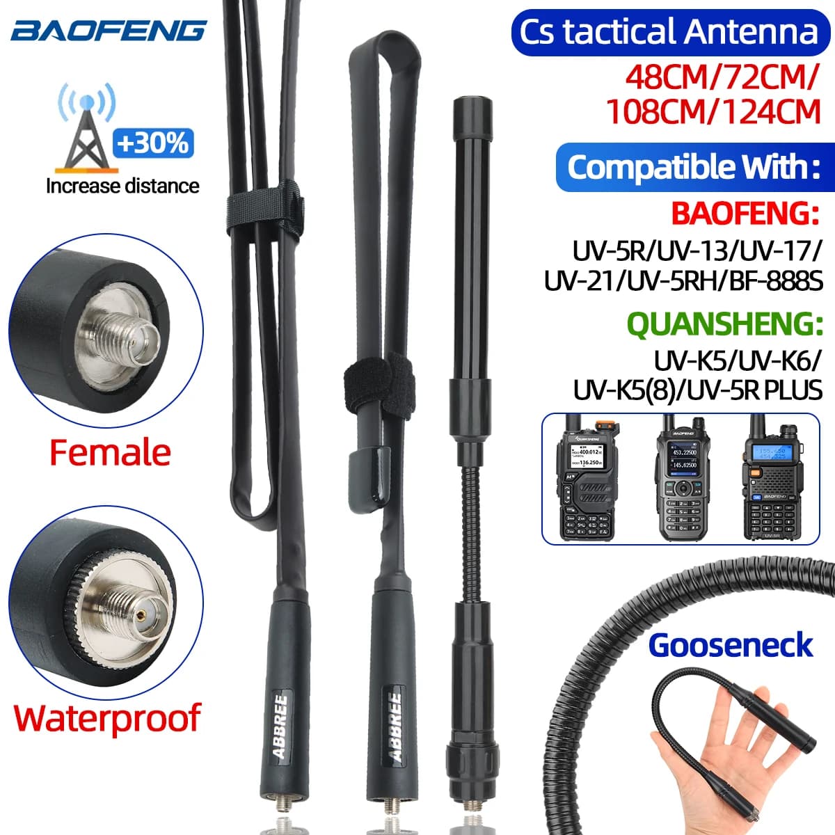 Antena taktyczna ABBREE CS SMA-żeńska dwuzakresowa VHF UHF 144/430Mhz składana do walkie talkie Baofeng UV-21 UV-5R QuanSheng K5