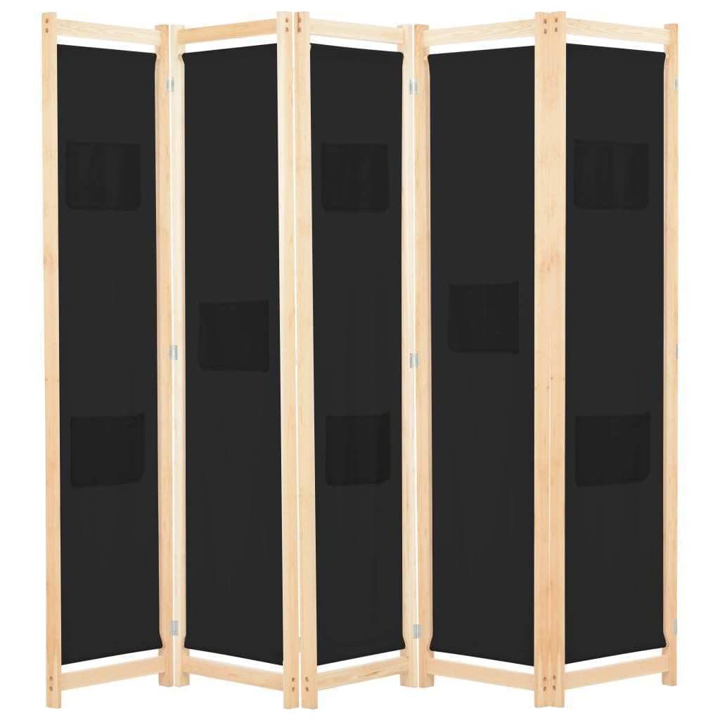Parawan 5-panelowy, czarny, 200 x 170 x 4 cm, tkanina