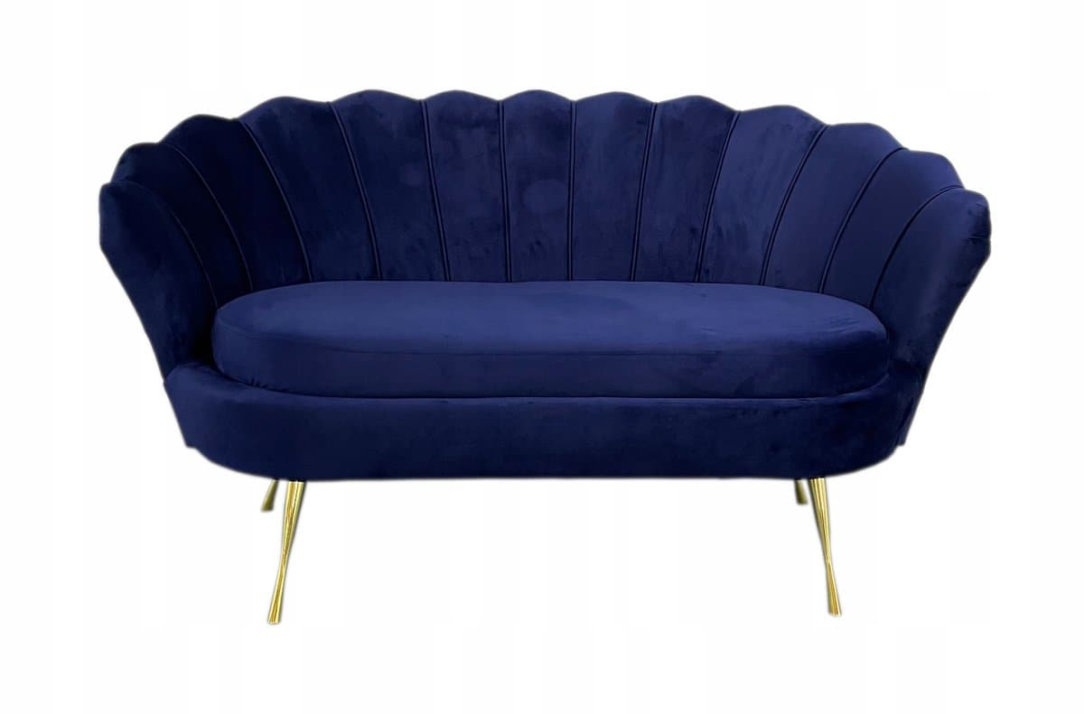 Sofa glamour muszelka 2ES niebieska nogi złote