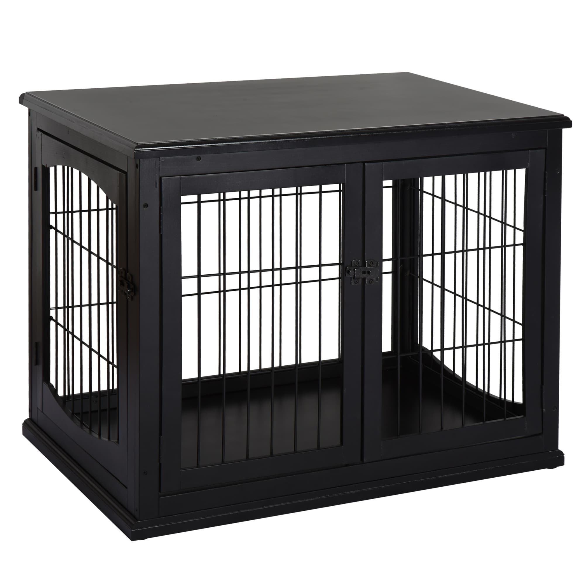 Pawhut Klatka dla Psa do Domu 2 Drzwi Zwierzęta Domowe MDF Metal Czarna, 58,5 x 81 x 66 | Aosom PL