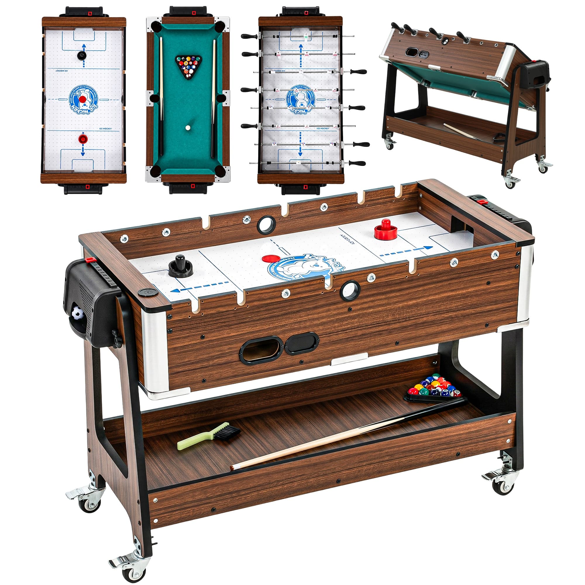 SPORTNOW 3-w-1 obrotowy stolik wielofunkcyjny z bilardem, piłkarzykami i airhockey, z półką | Aosom PL