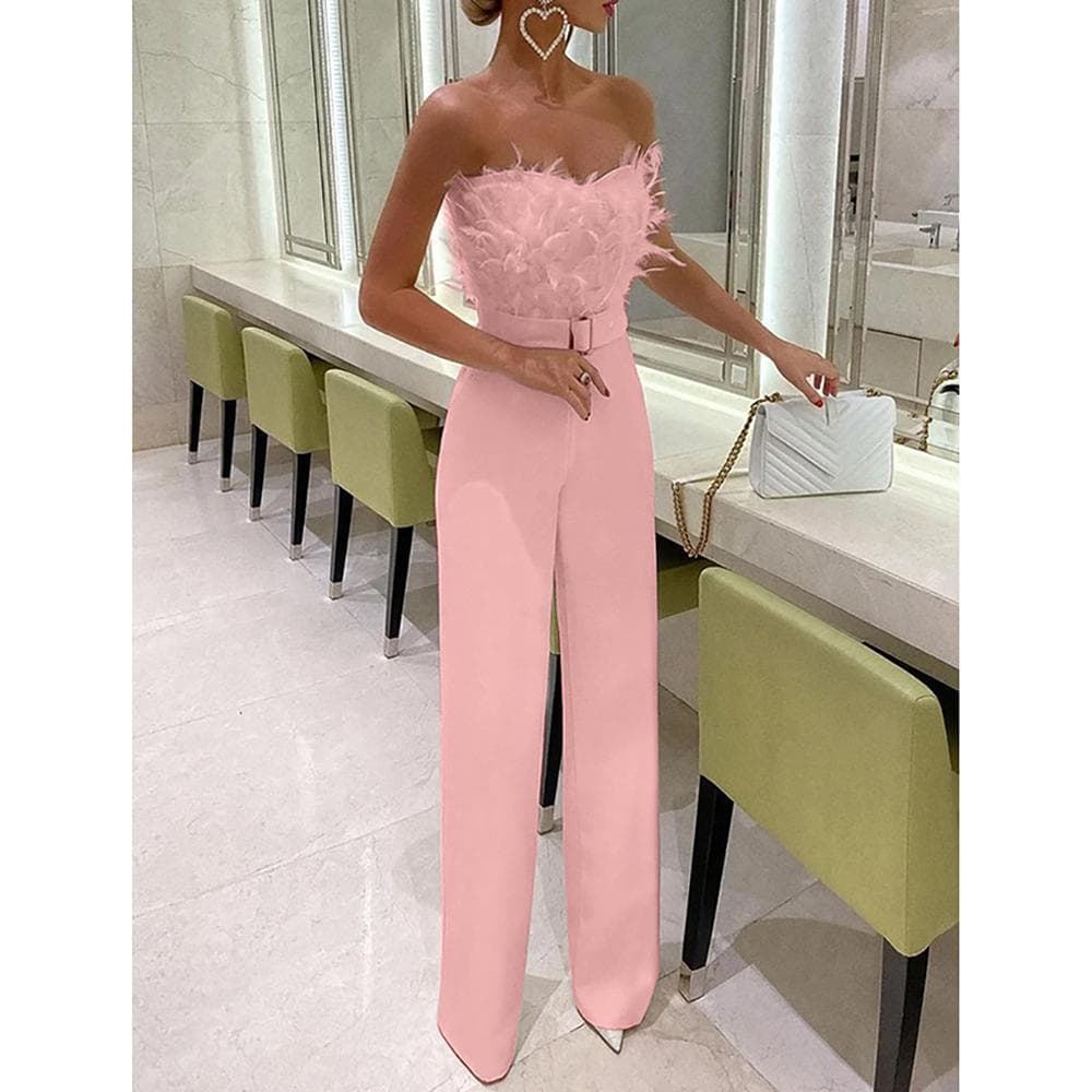 Damski Sexy Bandeau Feather Romper Długie Spodnie Cocktail Party Kombinezon Playsuit cm czarny