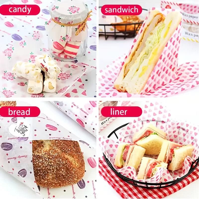 50 szt. Papier woskowany do pieczenia klasy spożywczej Papierowe kwadraty ze wzorem truskawkowym i kwiatowym Nieprzywierający papier do zawijania