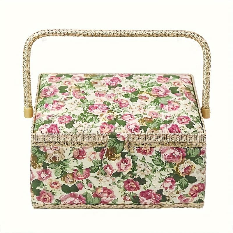 TEMU Duże Pudełko do Szycia, Europejski Styl, Przenośny Kosz do Ręcznego Szycia DIY, Kosz z Tkaniny z Nadrukiem Róży
