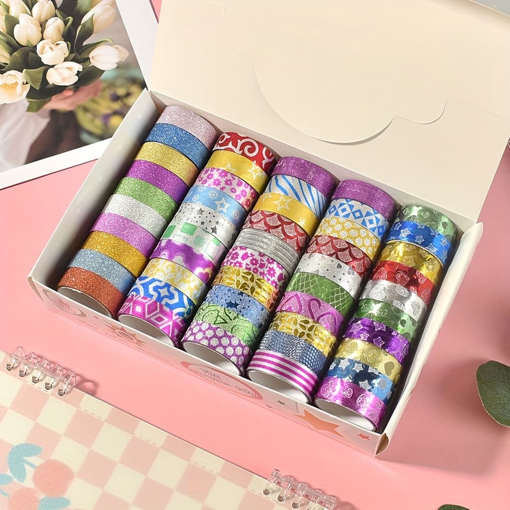 TEMU 50 Rolek Złotego Brokatu w Losowych Kolorach - Kolorowa Taśma Brokatowa do Dekoracji Ręcznie Robionych DIY