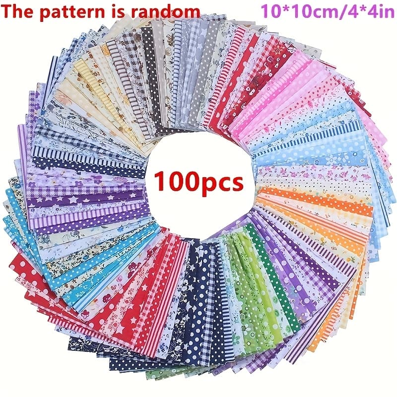 TEMU Zestaw 100 sztuk tkanin 4x4 cali, Mini zestawy tkanin do szycia DIY, Wstępnie przycięte pakiety tkanin do pikowania, szycia, scrapbookingu