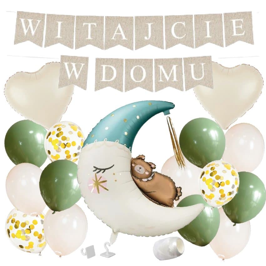 ZESTAW balonów WITAJCIE W DOMU - boho - oliwka + księżyc niebieski miś WITAJ boho powitanie dziecka