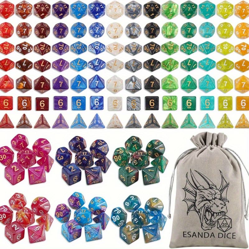 TEMU 20 Zestaw Kości DND - 140 szt. Kości Poliedryczne z 1 Dużą Flanelową Torebką do D&D RPG MTG Gier Planszowych